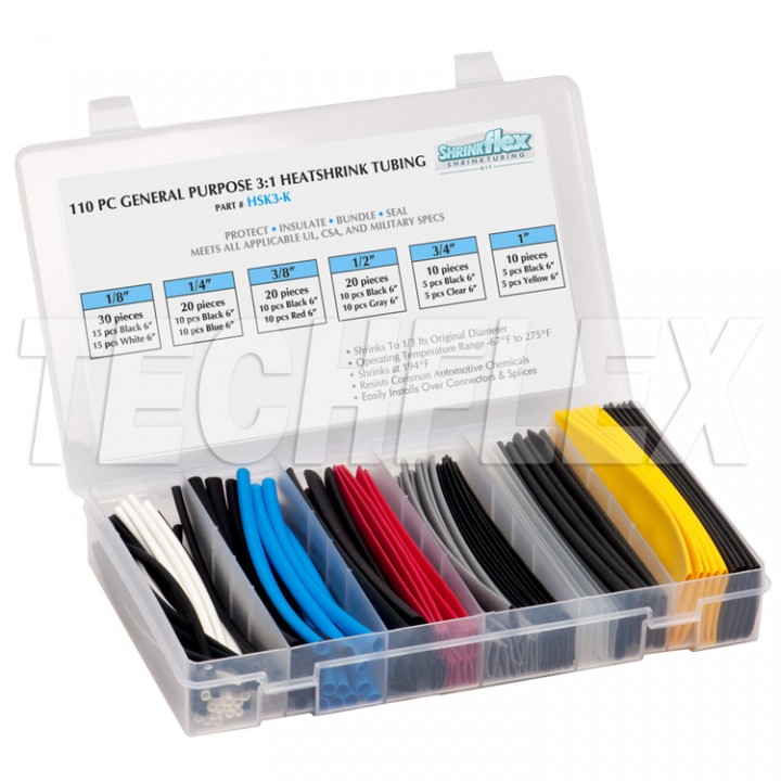 Techflex HSK3-K Комплект термоусадки Shrinkflex 3:1, кількість 110 шт., довжина 15 см, 6 розмірів, кольорова